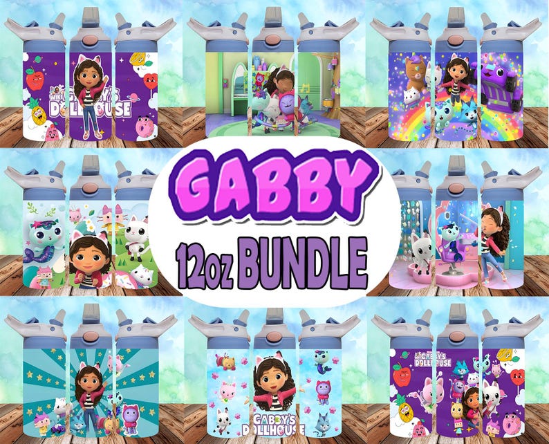 May include: A set of nine 12-ounce water bottles featuring Gabby's Dollhouse characters. The bottles are decorated with various scenes from the show, including Gabby, Pandy Paws, Cakey, and the Cat-Rat.