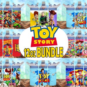 May include: A set of 12-ounce reusable water bottles with various Toy Story character designs. The bottles are blue and white with a straw lid. The designs include Woody, Buzz Lightyear, Jessie, and other characters from the movie.