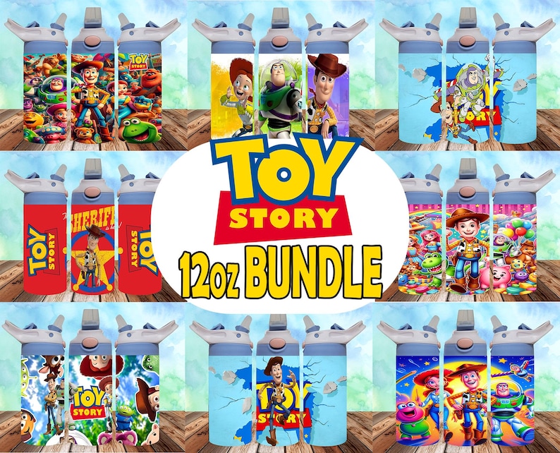 May include: A set of 12-ounce reusable water bottles with various Toy Story character designs. The bottles are blue and white with a straw lid. The designs include Woody, Buzz Lightyear, Jessie, and other characters from the movie.