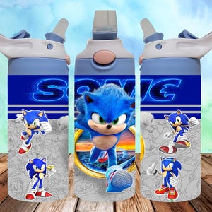 May include: Three blue water bottles with a white lid and a white spout. The bottles feature a design of Sonic the Hedgehog from the video game series. The design includes Sonic running, a golden ring, and the word "Sonic".
