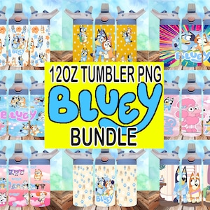 May include: A set of 12oz tumbler PNG designs featuring the cartoon characters Bluey and Bingo from the show Bluey. The designs include various scenes from the show, such as Bluey and Bingo playing in the backyard, Bluey and Bingo playing with their dad, and Bluey and Bingo playing with their friends. The designs are perfect for creating custom tumblers for fans of the show.