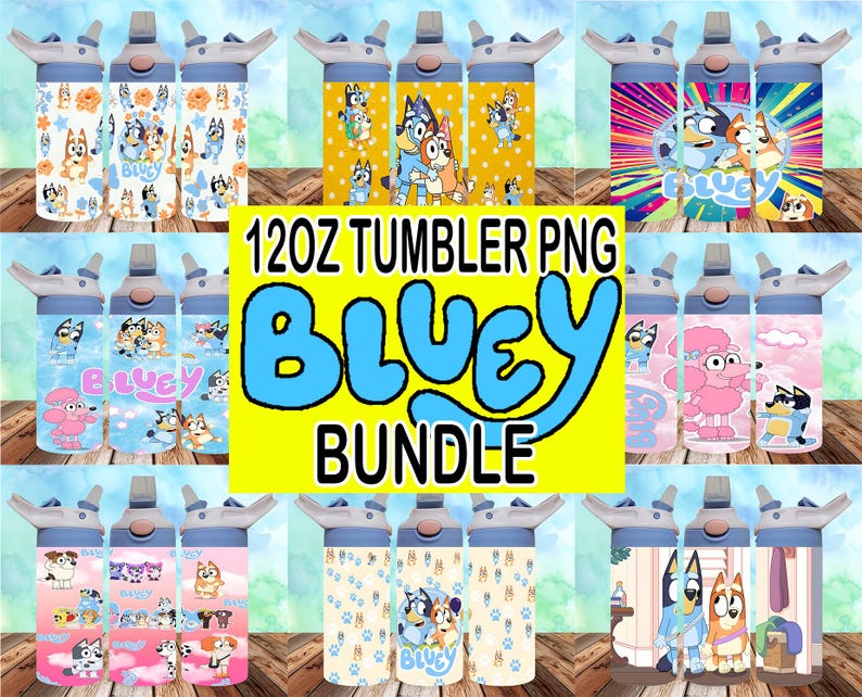 May include: A set of 12oz tumbler PNG designs featuring the cartoon characters Bluey and Bingo from the show Bluey. The designs include various scenes from the show, such as Bluey and Bingo playing in the backyard, Bluey and Bingo playing with their dad, and Bluey and Bingo playing with their friends. The designs are perfect for creating custom tumblers for fans of the show.