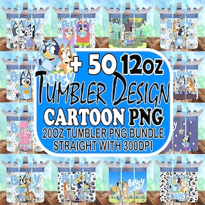 50+ Blue Dog Tumbler Wrap Bundle, 20oz and 12oz Skinny Tumbler Wrap, Tumbler PNG Sublimation Design, bluey sippy cup Design Template,Cartoon