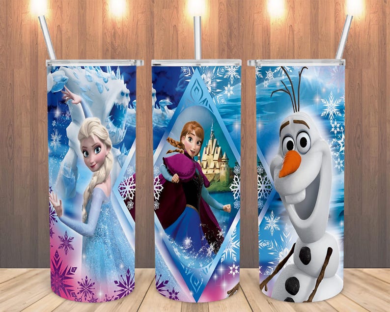 May include: Three stainless steel tumblers with straws, each featuring a different character from the animated film "Frozen." The designs include Elsa, Anna, and Olaf, set against a blue and white snowflake background.