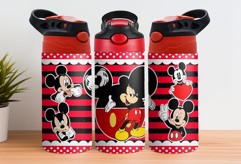 May include: Three red and black water bottles featuring Mickey Mouse. The bottles have a black lid and a red button. The design includes Mickey Mouse illustrations on a red and black striped background with white polka dots.