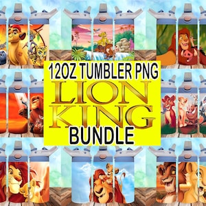 May include: A set of 12oz tumbler PNG designs featuring characters from the Lion King movie. The designs include Simba, Nala, Mufasa, Scar, Pumbaa, and Timon. The designs are perfect for creating custom tumblers for fans of the movie.