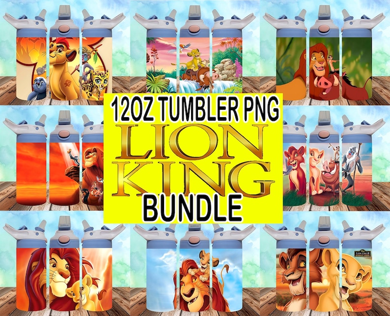 May include: A set of 12oz tumbler PNG designs featuring characters from the Lion King movie. The designs include Simba, Nala, Mufasa, Scar, Pumbaa, and Timon. The designs are perfect for creating custom tumblers for fans of the movie.