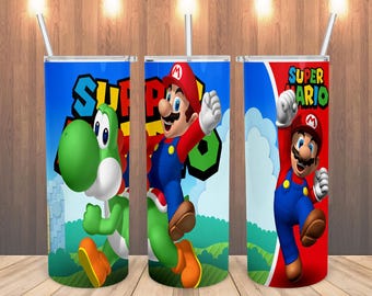 Super Mario Tumbler 20oz | Gepersonaliseerde Gamer Cup | Luigi Yoshi Peach | Leuk cadeau voor gamefans
