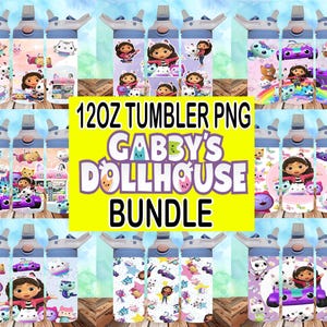 May include: A set of 12oz tumbler PNG designs featuring Gabby's Dollhouse characters. The designs include Gabby, Pandy Paws, Cakey, and more. The tumblers are perfect for adding a personal touch to your drinks.