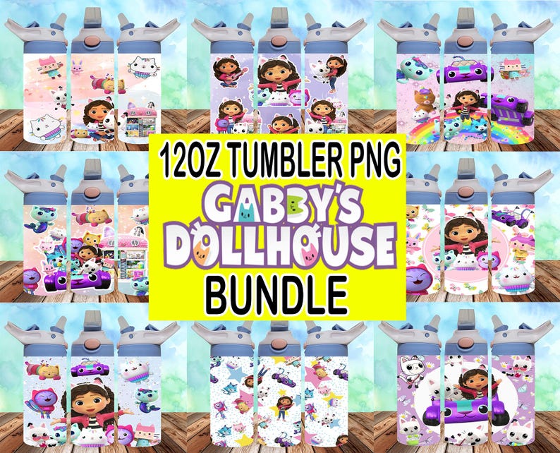May include: A set of 12oz tumbler PNG designs featuring Gabby's Dollhouse characters. The designs include Gabby, Pandy Paws, Cakey, and more. The tumblers are perfect for adding a personal touch to your drinks.