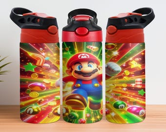 Mario 12oz Kids Flip Top Sippy Cup Tumbler Wrap - 12oz Super Mario design -12oz Tumbler Sublimation PNG - Mario Tumbler Wrap Design PNG