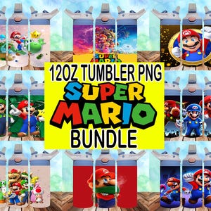 May include: A digital download of 12oz tumbler PNG designs featuring Super Mario characters. The designs include various characters like Mario, Luigi, Peach, and Bowser in different poses and settings. The designs are perfect for creating custom tumblers for personal use or for selling.