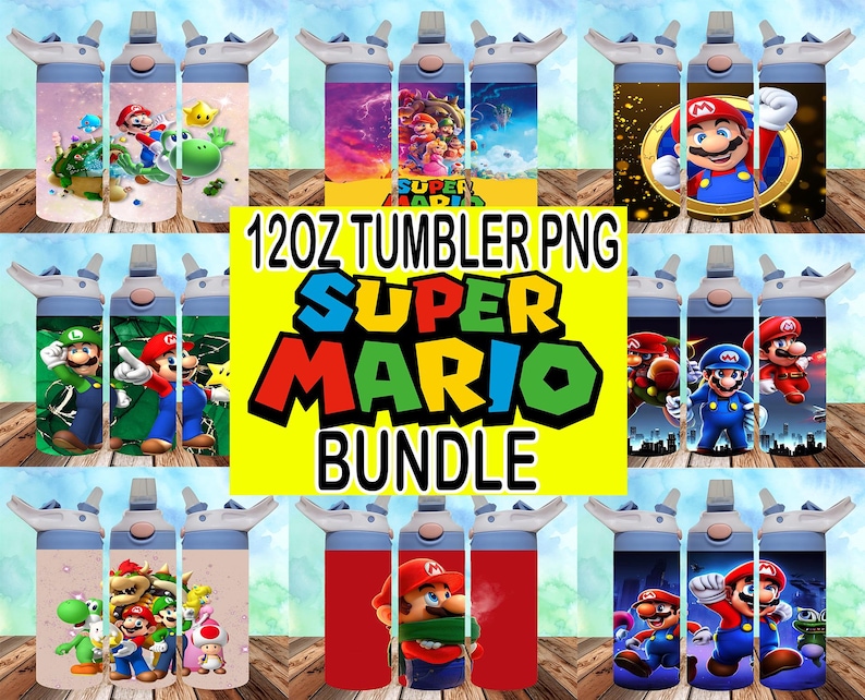May include: A digital download of 12oz tumbler PNG designs featuring Super Mario characters. The designs include various characters like Mario, Luigi, Peach, and Bowser in different poses and settings. The designs are perfect for creating custom tumblers for personal use or for selling.