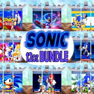 May include: A bundle of 12-ounce water bottles with colorful designs featuring Sonic the Hedgehog characters. The designs include Sonic, Tails, Knuckles, and other characters from the video game series. The bottles are perfect for fans of the Sonic the Hedgehog franchise.