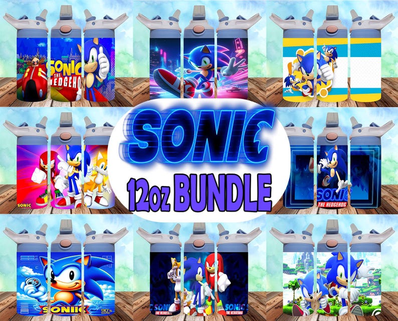 May include: A bundle of 12-ounce water bottles with colorful designs featuring Sonic the Hedgehog characters. The designs include Sonic, Tails, Knuckles, and other characters from the video game series. The bottles are perfect for fans of the Sonic the Hedgehog franchise.