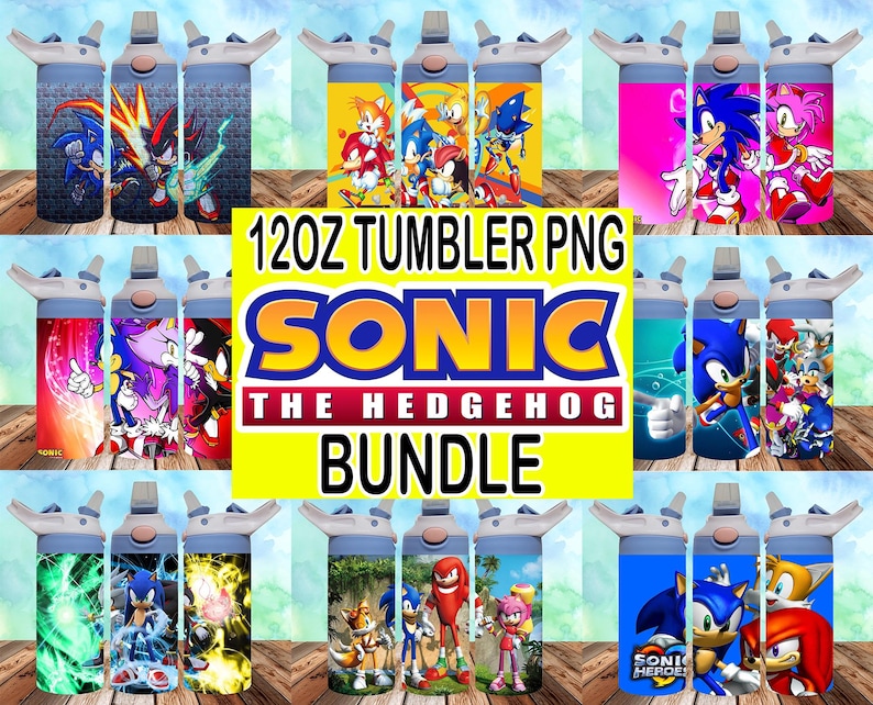 May include: A set of 12oz tumbler PNG designs featuring Sonic the Hedgehog characters. The designs include various characters like Sonic, Tails, Knuckles, and Amy. The designs are perfect for creating custom tumblers.