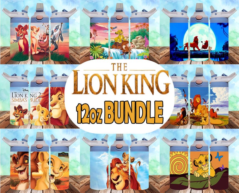 May include: Set of 12-ounce water bottles featuring various scenes from Disney's The Lion King. The bottles are blue with a straw lid and feature images of Simba, Nala, Mufasa, and other characters from the movie.