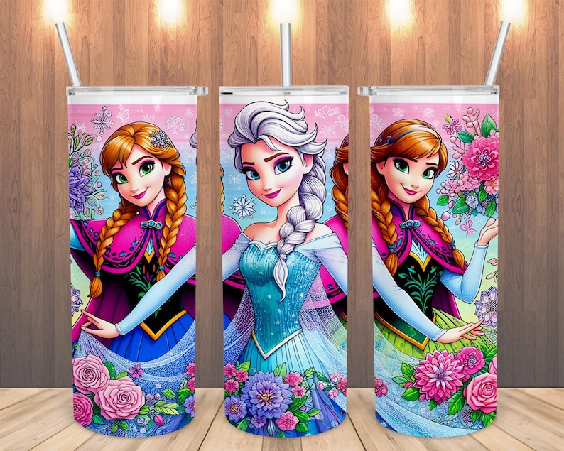 May include: Three stainless steel tumblers with straws, each featuring a different character from the animated movie. The characters are depicted with vibrant colors and floral accents against a pink background. The tumblers are designed for cold beverages.