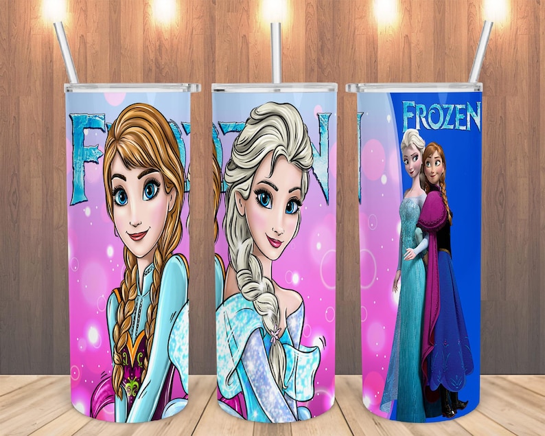 May include: A set of three stainless steel tumblers featuring characters from the animated film "Frozen." Each tumbler has a different design, showcasing Elsa and Anna in various poses. The tumblers have a white straw and a pink and blue background.