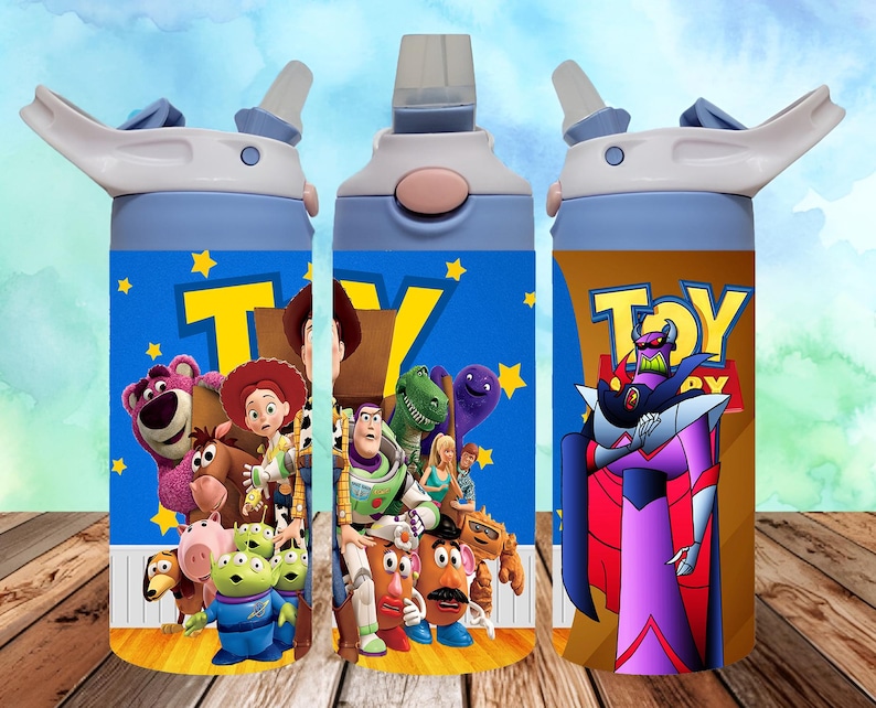 May include: Three blue and white water bottles with different Toy Story character designs. The first bottle features Woody, Buzz Lightyear, and other characters. The second bottle features the characters from Toy Story. The third bottle features the character Emperor Zurg from Toy Story.