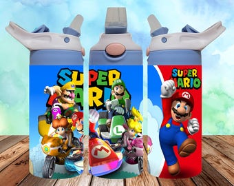 Vaso Mario de 12 oz PNG - Botella de agua Mario - Vaso con tapa abatible para niños de 12 oz con tapa abatible Mario - Vaso Super Mario PNG, Descarga digital