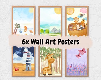 May include: Six watercolor wall art posters featuring various scenes. The posters include a lighthouse on a beach, a giraffe in a forest, a boat full of animals, a lavender field, and a seascape with fish and a seahorse.