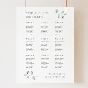 Seating plan template wedding, seating arrangement eucalyptus green, table plan find your place, personalized wedding decoration, editing in Canva