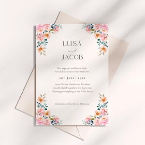 Hochzeitseinladung Vorlage, Druckbare Hochzeitskarte Rosen Blumen, Hochzeitspapeterie, personalisierte Hochzeitsdeko, Bearbeitung in Canva