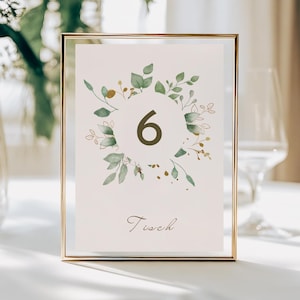 Numéro de table mariage couronne d'eucalyptus, modèle de marque-place vert-or, décoration de mariage personnalisée, édition dans Canva