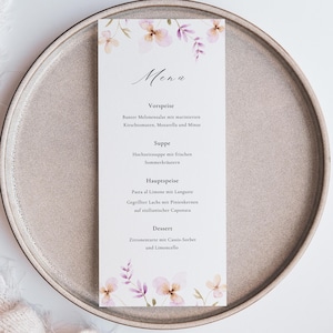 Tarjeta de menú de boda floral | Plantilla de Canva con flores en color lila | Menú de boda de primavera | Plantilla digital para personalización