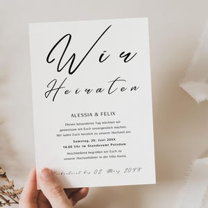 Hochzeitseinladung Vorlage schwarz-weiß mit Kalligraphie Schrift, minimalistische Einladungskarte personalisiert, Bearbeitung in Canva