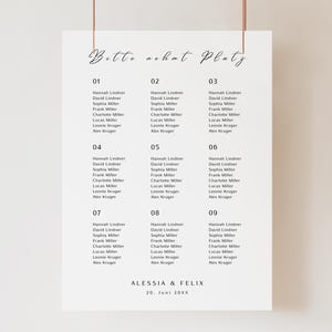 Seating plan template wedding, minimalist seating arrangement, table plan find your place, personalized wedding decoration, editing in Canva