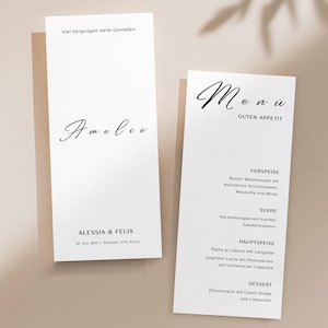 Wedding menu card template with calligraphy font, minimalist wedding menu black and white customizable, editing in Canva
