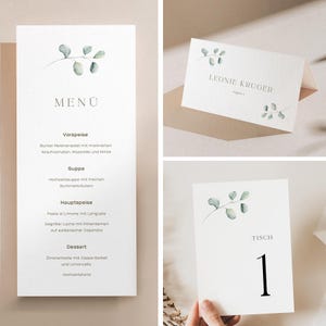 Pacchetto segnaposto Eucalyptus: modelli per matrimonio per menù, biglietti da visita, numeri di tavolo verde minimalista, decorazioni personalizzate per matrimonio
