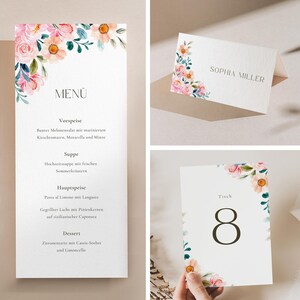 Florales Tischkarten Bundle, Hochzeit Vorlagen für Menükarte, Namenskarte, Tischnummer rosa Blüten, personalisierte Hochzeitsdeko, Canva