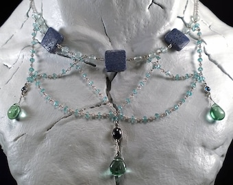 Sterling Silver Necklace with Apatite, Fluorite, Coral & Sapphire