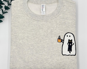 Embroidered Ghost & Black Cat Sweatshirt | Spooky Season Crewneck