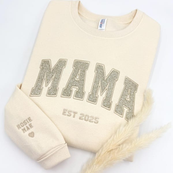 Custom Glitter Embroidered Mama Sweatshirt: Personalized Kids' Names