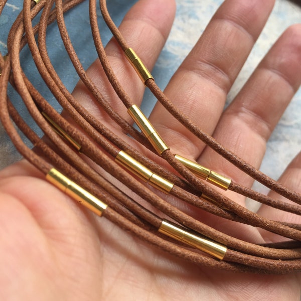 5pcs 12-30 inch 2.0mm natural brown/black genuine leather necklace cords with bright gold stainlless steel needle clasps