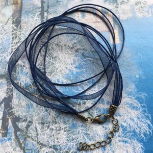 ANTIQUED BRONZE finish--12-26 inch adjustable for your choose Navy blue organza ribbon necklace cords