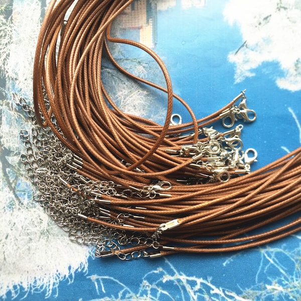 15pcs 12-24 inch 2mm light brown korea wax cotton SNAKE BONE necklace cords with clasps and extention chains