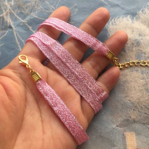 new handmade 5pcs 12-24 inch adjustable 7mm width 2 shiny ribbon necklace cords with bright gold lobster clasps