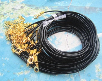 Gold Plated Finish--100pcs 12-28 inch adjustable for your choose 2mm black genuine leather necklace cords