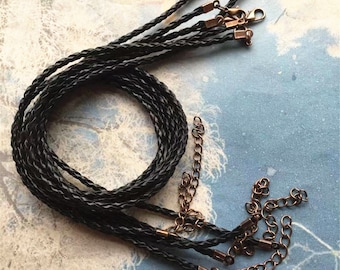 Antiqued copper finish-15pcs 12-24 inch adjustable 3.0mm Black braided faux leather necklace cords with lobster clasps and extention chains