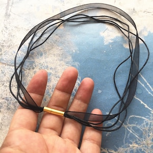 high quality 2pcs 7mm width 12-24 inch for your choose Black voile ribbon with cotton cords necklace cords with Gold stainless needle clasps