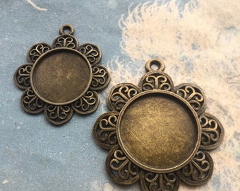 5pcs antiqued bronze flower round bezel base metal setting pendants(fit  20mm/25mm cabochons)