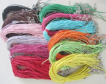 wholesale 50pcs 1.5mm 12-30 inch adjustable assorted(20 colors for your choose) waxed cotton necklace cords with lobster clasp