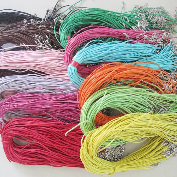 wholesale 50pcs 1.5mm 12-30 inch adjustable assorted(20 colors for your choose) waxed cotton necklace cords with lobster clasp