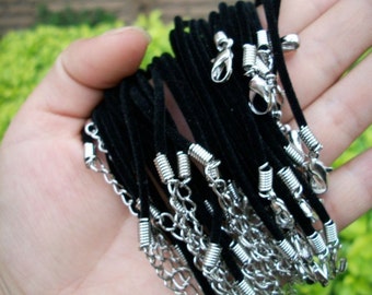 15pcs 2mm 12-24 inch black velvet necklace cords with white k lobster clasps