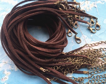 50pcs 12-30 inch adjustable for your choose 3mm dark brown flat suede leather necklace cords with antiqued bronze finish